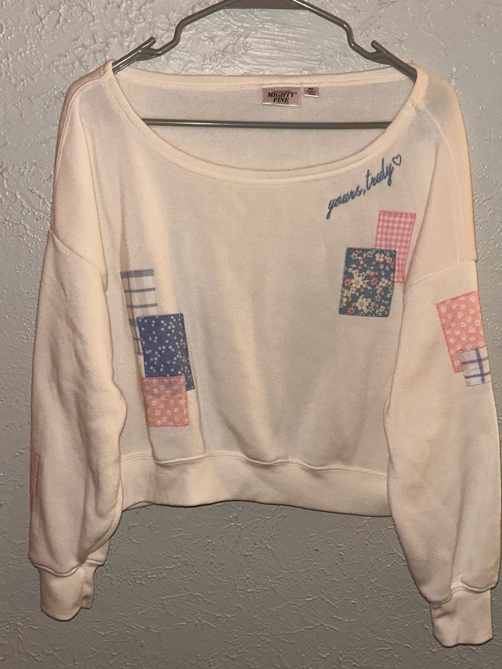 Mighty Fine Cream Sweatshirt with Pink and Blue Patchwork
